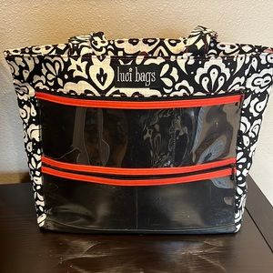LUCI BAGS DISPLAY TOTE RED BLACK CEAR ZIPPER POCKETS FRONT & BACK